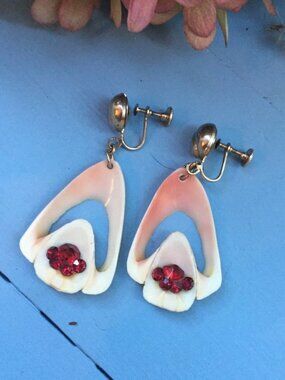 Vintage 1920s Art Deco Earrings, Vintage Shell Drop Rhinestone Dangle Earrings